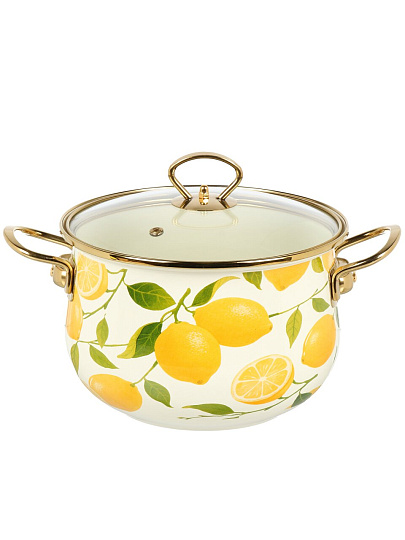 Кастрюля эмалированная сталь, 4 л, крышка стекло, Daniks, Лимоны, индукция