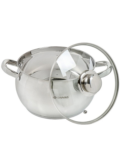 Кастрюля нержавеющая сталь, 3.9 л, крышка стекло, Daniks, Классика, SD-20, индукция