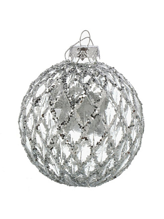 Елочный шар Сетка, прозрачный, серебро, 8 см, стекло, F010023