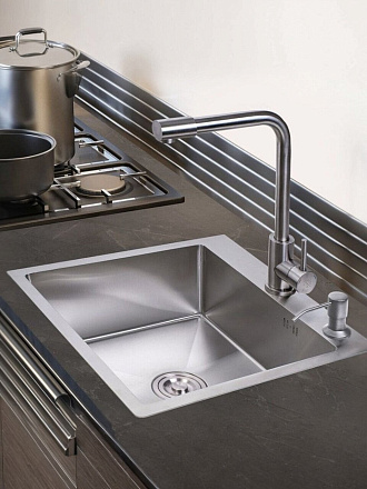 Мойка кухонная врезная, РМС, нержавеющая сталь, 600х500 мм, 1-3 мм, сифон + корзина + дозатор, MR-6050