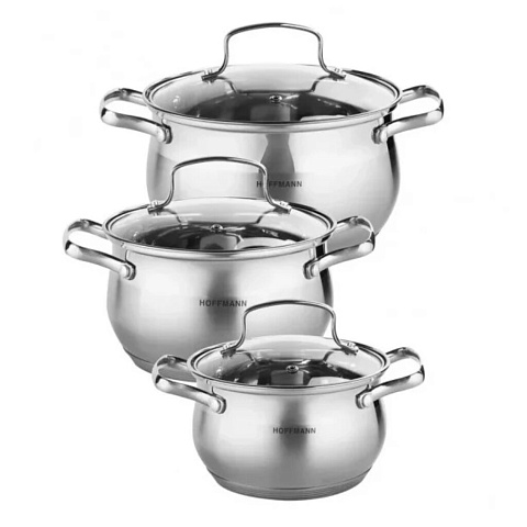 Набор посуды нержавеющая сталь, 6 предметов, кастрюли 2.1,3.1,3.9 л, индукция, Hoffmann, НМ 5253