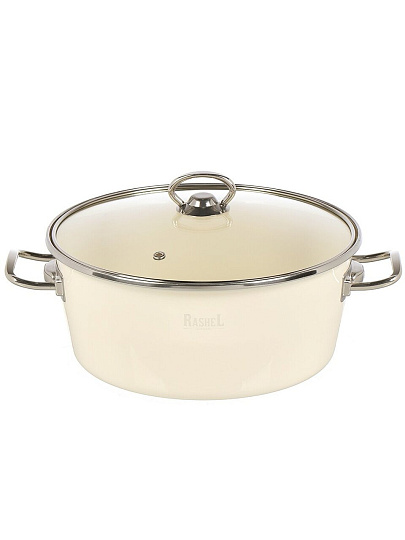 Кастрюля эмалированная сталь, 4.5 л, крышка стекло, ручки хром, RasheL, R9024, кремовая, индукция