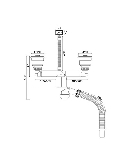 Сифон для мойки, 600 мм, 3" 1/2х40, полипропилен, с выпуском, универсальный перелив, двойной с гофрой, Orio, Nordform, Д-11008У-2