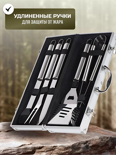 Набор для барбекю костровой, нержавеющая сталь, 5 предметов, лопатка, щипцы, вилка, нож, кисточка, кейс, C030006