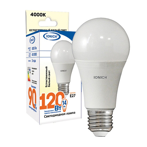 Лампочка светодиодная E27, 15 Вт, 120 Вт, груша, 4000 К, свет нейтральный белый, IONICH, ILED-SMD2835-A60-14-1100-230-4-E27