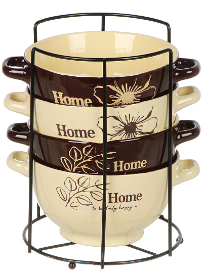 Бульонница керамика, 4 шт, 650 мл, металлическая подставка, Шоколад, ТМ Глория, 202525