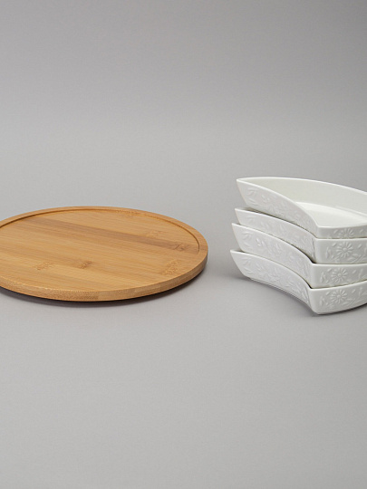 Менажница фарфор, 25х5.5 см, 4 секции, деревянная подставка, Lefard, Flowers Story, 474-248