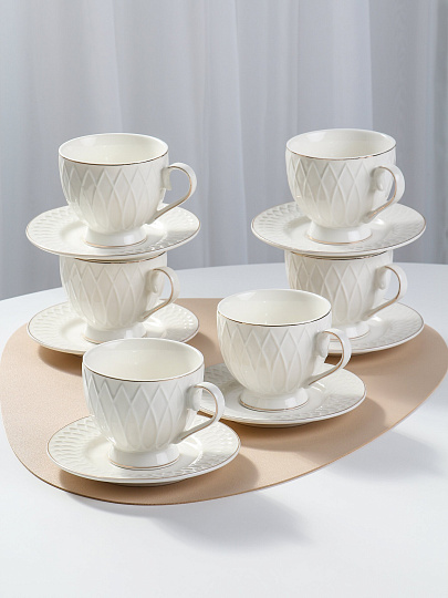 Набор чайный фарфор, 12 предметов, на 6 персон, 230 мл, белый, ТМ Глория, Bonjart, 202508, подарочная упаковка