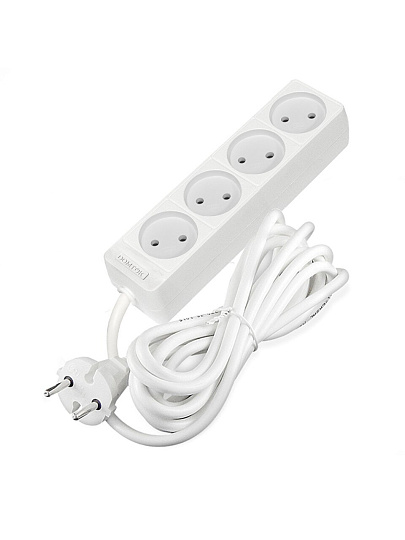 Удлинитель бытовой 4 гнезда, 3 м, ПВС, 2х1 мм², без заземления, 10 А, 2200 Вт, Domtok, 2356