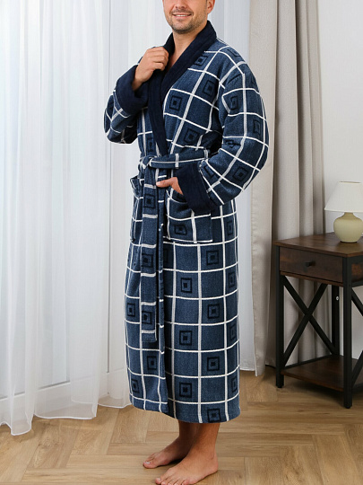 Халат мужской, махровый, 100% хлопок, синяя клетка, XXXL, 56-58, Silvano