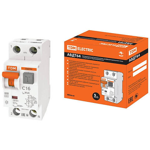 Дифференциальный автоматический выключатель TDM Electric, АВДТ 64, 16, С, 30 мА, SQ0205-0004