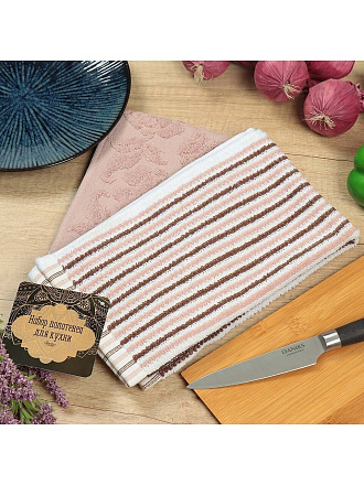 Набор полотенец кухонных 2 шт, 30х50 см, махровый, 100% хлопок, 420 г/м2, Barkas, Розы, розово-бежевый, Узбекистан