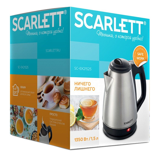 Чайник электрический Scarlett, SC-EK21S25, 1.5 л, 1350 Вт, скрытый нагревательный элемент, металл