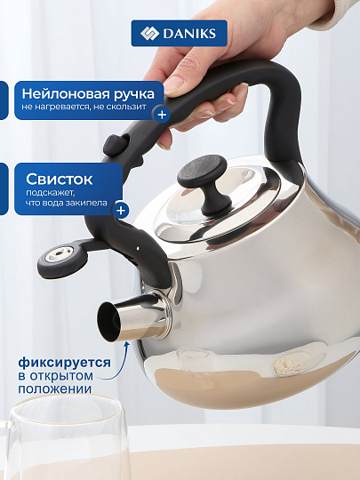Чайник нержавеющая сталь, 2.8 л, со свистком, зеркальный, нейлон, Daniks, индукция, GS-04052A