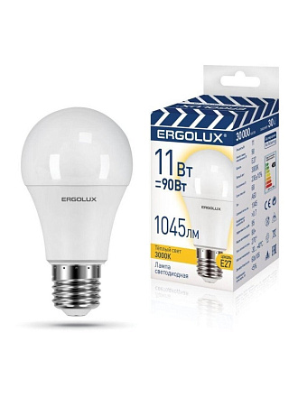 Лампа светодиодная E27, 11 Вт, 90 Вт, груша, 3000 К, теплый белый свет, Ergolux, 14458