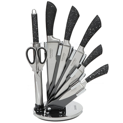 Набор ножей 8 предметов, 20 см, 20 см, 20 см, 12 см, 9 см, ножницы, точилка, сталь, рукоятка пластик, с подставкой, акрил, Daniks, YW-A235-8