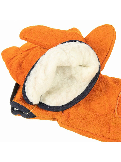 Перчатки цельноспилковые, спилок, замша, без рисунка, оранжевая основа, манжет-резинка, утепленные, мех-барашек, Стандарт