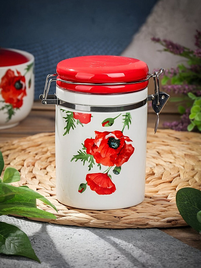 Банка для сыпучих продуктов, доломит, 0.55 л, 9.5х9.5х15.3 см, с крышкой, Daniks, Алый мак