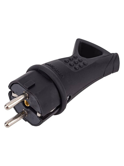 Вилка с заземлением, 16 А, IP44, 250 В, однофазная, каучук, с ушком, еврослот, черная, UNIVersal, 3, 46802360
