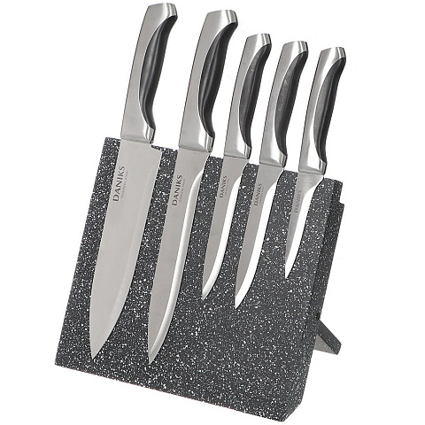 Набор ножей 5 предметов, 20 см, 20 см, 13 см, 13 см, 9 см, нержавеющая сталь, рукоятка сталь, с подставкой, мрамор, магнитная, Daniks, YW-A156