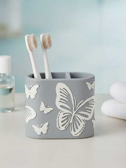 Подставка для зубных щеток из полистоуна, 12.2x6.5 x 10 см, Ручная роспись, Бабочки на сером, BRE08