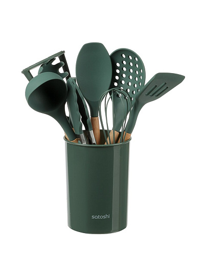 Набор кухонных принадлежностей 10 предметов, силикон, дерево, навеска, зеленый, Satoshi, Эрно, 881-324