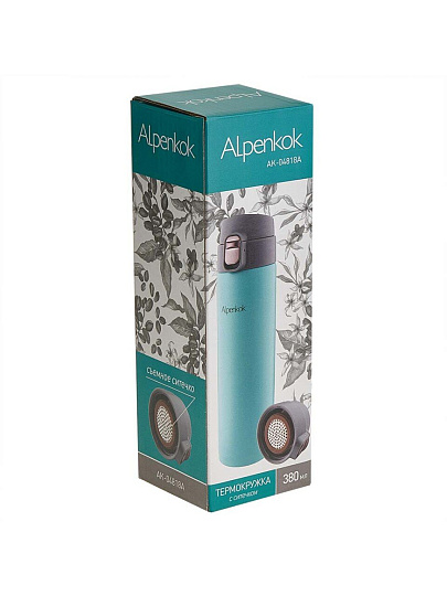 Термокружка нержавеющая сталь, 0.38 л, Alpenkok, колба нержавеющая сталь, с ситечком, вакуумная, бирюзовая, AK-04818A