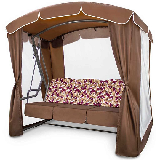 Качели садовые 3-местные, 212х130х195 см, 300 кг, Arno, Рандеву Люкс, раскладываются в кровать, с москитной сеткой, коричневые, 2016-КД-43/Л, тент, металл