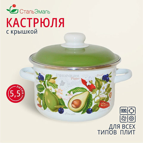 Кастрюля эмалированная сталь, 5.5 л, с крышкой, крышка сталь, СтальЭмаль, Авокадо, 6RD221M, белоснежная, индукция