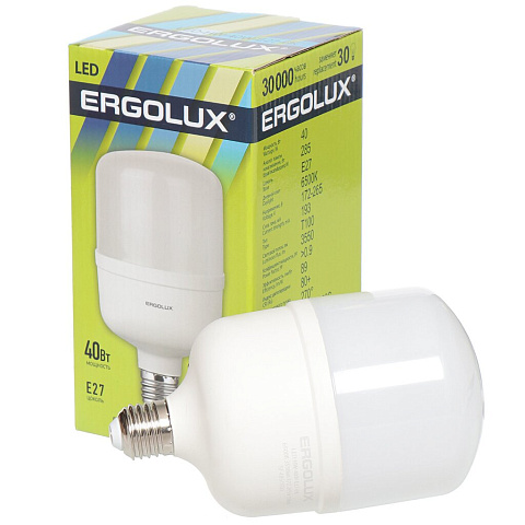 Лампа светодиодная E27, 40 Вт, 285 Вт, цилиндрическая, 6500 К, свет холодный белый, Ergolux