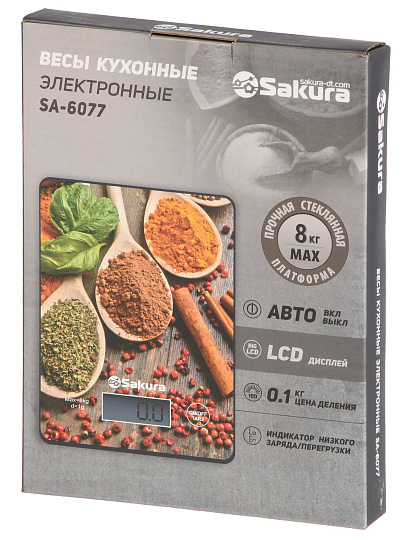 Весы кухонные электронные, стекло, Sakura, платформа, точность 1 г, до 8 кг, панкейки, SA-6077P