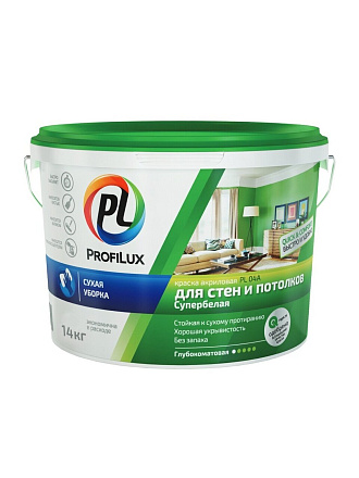 Краска водно-дисперсионная, Profilux, PL-04A, акриловая, для стен и потолков, матовая, супербелая, 14 кг