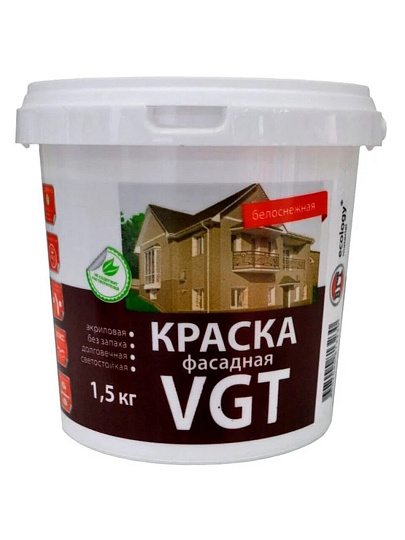 Краска водно-дисперсионная, VGT, акриловая, фасадная, матовая, белоснежная, 1.5 кг
