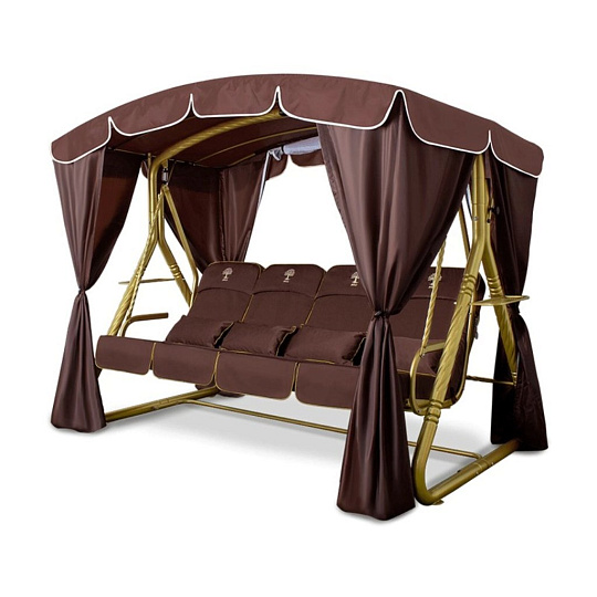 Качели садовые 4-местные, 265х143х195 см, 380 кг, Arno, Элегант Люкс+, раскладываются в кровать, с москитной сеткой, шоколадный, золотые, подушка шоколадная, 2016-КД-45/Л+, металл