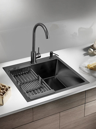 Мойка кухонная врезная, РМС, вороненая сталь, 600х500 мм, 1-3 мм, сифон + корзина + дозатор, MR-6050BL