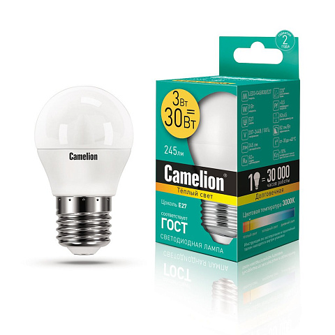 Лампа светодиодная 3Вт 220В 3000К Camelion LED3-G45/830/E27
