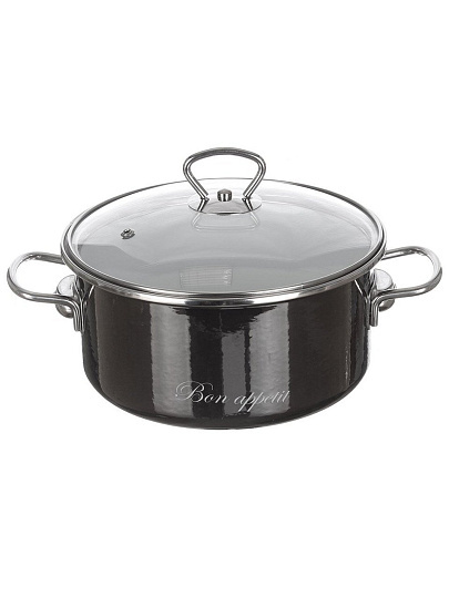 Кастрюля эмалированная сталь, 3 л, крышка стекло, Vitross, Bon Appetit, 8SB205S/8SD185S, мокрый асфальт, индукция