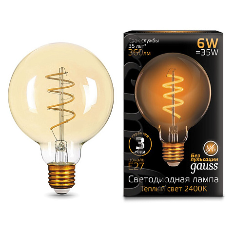 Лампа светодиодная Gauss Filament Golden G95 Шар 105802007, 6 Вт, E27, теплый белый свет