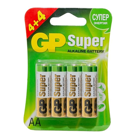 Батарейка GP, АА (LR6, 15A), Alkaline Super, щелочная, 1.5 В, блистер, 8 шт, 15A4/4-2CR8, 17027