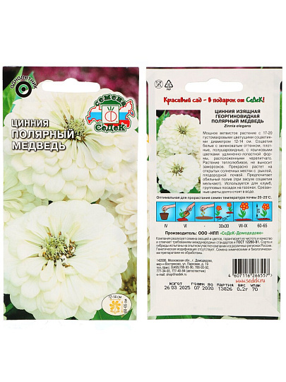 Семена Цветы, Цинния, Полярный Медведь, георгиновидная белая, цветная упаковка, Седек