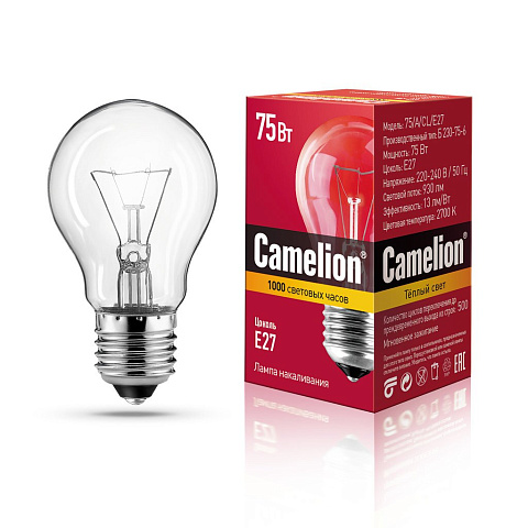 Лампа накаливания с прозрачной колбой, ЛОН, Б230-75-6 Camelion 75/A/CL/E27