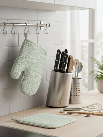 Набор кухонный 2 шт, 29х22 см +19х19 см (варежка,прихватка), полиэстер, светло-зеленый, B180060