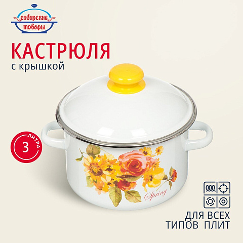 Кастрюля эмалированная сталь, 3 л, с крышкой, крышка сталь, Сибирские товары, Весна, 1MD181M, индукция