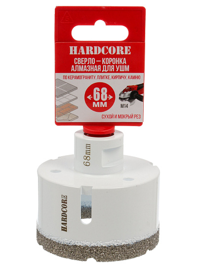 Коронка алмазная, по керамограниту, Hardcore, М14, диаметр 68 мм, для УШМ, 155068