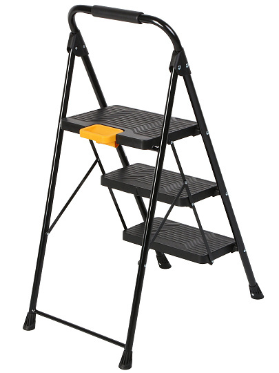 Стремянка 1 секция, 3 ступени, металл, 150 кг, широкая ступень, черный с желтым, WK2226-3
