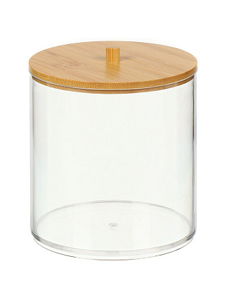 Контейнер для ватных дисков, 11х11х12 см, бамбуковая крышка, пластик, прозрачный, Y4-7850