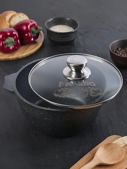 Кастрюля алюминий, антипригарное покрытие, 2 л, крышка стекло, Мечта, Гранит black, 42802