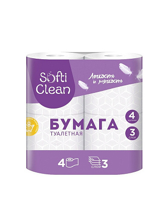 Туалетная бумага Softi Clean, 3 слоя, 4 шт, 15.24 м, с втулкой, белая