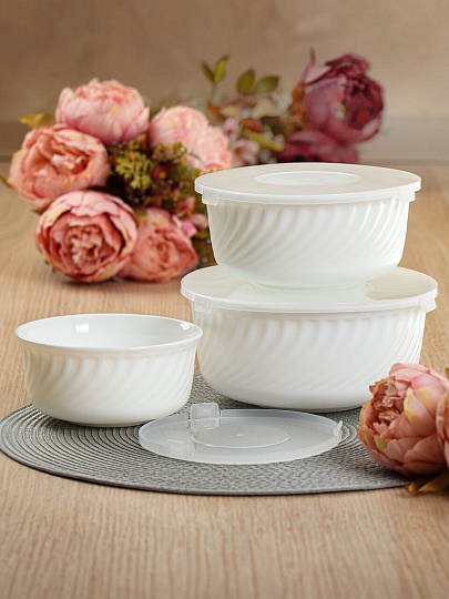 Салатник стеклокерамика, круглый, 3 шт, 9 см, 19, 16, 14 см, 0.5, 0.8, 1.4 л, с крышкой, Белый, Daniks, HDW-55/66/75 292666