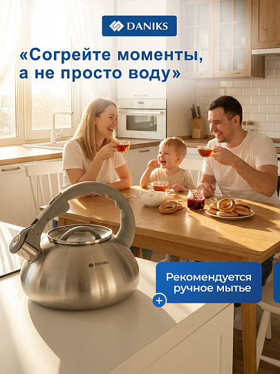 Чайник нержавеющая сталь, 3 л, со свистком, матовый, логотип меняет цвет, ручка с силиконовым покрытием, Daniks, DSC-8801